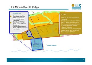 LLX Minas-Rio / LLX Açu

                                                     LLX Açu
  Estrutura Onshore
  -300 ha para processar,                            7.500 ha de área do complexo
  movimentar, armazenar                               industrial
  e pelotização.
                                                     Direito de usar estrutura Offshore
  Estrutura Offshore                                 da LLX Minas-Rio, incluindo a
  -Ponte e Canal de Acesso                           Construção de berços adicionais
  -Quebra mar
                                                     -Carvão ( e granéis sólidos)
  -1 berço Carregamento de
  Minério de Ferro, podendo ser                      -Granéis Líquidos
  expandido para 4                                   -Pier multi-uso com 4 berços para
                                                     cargas gerais, aço, contêiner e
                                                     Base de apoio Offshore




                                  Oceano Atlântico




                                                                                          16
 