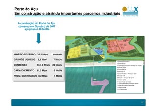 Porto do Açu
Em construção e atraindo importantes parceiros industriais

   A construção do Porto do Açu
   começou em Outubro de 2007
        e já possui 46 MoUs




MINÉRIO DE FERRO 26,5 Mtpa    1 contrato
 MINÉRIO DE FERRO 26,5 Mtpa    1 contrato
GRANÉIS LÍQUIDOS 5,5 M m³       7 MoUs
 GRANÉIS LÍQUIDOS 5,5 M m³       7 MoUs
CONTÊINER         73,4 k TEUs 29 MoUs
 CONTÊINER         73,4 k TEUs 29 MoUs
CARVÃO/CIMENTO 11,2 Mtpa
 CARVÃO/CIMENTO 11,2 Mtpa       66 MoUs
                                  MoUs

PROD. SIDERÚGICOS 8,2 Mtpa
 PROD. SIDERÚGICOS 8,2 Mtpa     44 MoUs
                                  MoUs




                                                             17
 