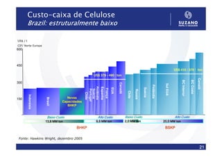 Custo-caixa de Celulose
          Brazil: estruturalmente baixo

US$ / t
CIF/ Norte Europa
600




450
                                                                                                                                                US$ 410 - 570 / ton
                                                    US$ 370 - 490 / ton




                                                                                                                                                                              Canadá
                                                                                                                                                                   BC Costa
                                                                                                                                                     BC Interior
300




                                                                                     Canadá




                                                                                                                                      Sul EUA
                                                                                                                         Finlândia
                                                         Finlândia
                                                                     Espanha




                                                                                                                Suécia
                                                                               EUA
                                                                      França
                                              Portugal
                                              Suécia




                                                                                                       Rússia
                                                                                               Chile
                                                Chile
          Indonésia




                                   Novas
                      Brasil




150
                                Capacidades
                                   BHKP


                       Baixo Custo                             Alto Custo                     Baixo Custo                                       Alto Custo
                      13,8 MM ton                        9,6 MM ton                           2,0 MM ton                             20,0 MM ton

                                        BHKP                                                                                          BSKP

 Fonte: Hawkins Wright, dezembro 2005

                                                                                                                                                                                 21
 
