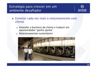 Estratégia para crescer em um
ambiente desafiador

   Estreitar cada vez mais o relacionamento com
   cliente
      Entender o business do cliente e traduzir em
      oportunidades “ganha-ganha”
      Relacionamentos sustentáveis




                                                     32
 