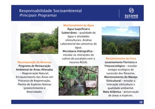 Responsabilidade Socioambiental
  Principais Programas

                                 Monitoramento da Água
                                     Água Superficial e
                                Subterrânea – qualidade da
                                     água x atividades
                                   silviculturais. Análise
                               Laboratorial das amostras de
                                            água.
                                 Microbacia Hidrográfica –
                                 estudar as interações do
                                cultivo do eucalipto com o      Monitoramento da Flora
 Recomposição de Reservas              recurso ÁGUA.           Levantamento Florístico e
  Programa de Restauração                                      Fitossociológico – estudar
Ambiental de Áreas Alteradas                                      estágio ecológico de
   – Regeneração Natural,                                       sucessão das florestas.
Enriquecimento das Áreas em                                    Monitoramento do Manejo
  Processo de Regeneração,                                      Silvicultural – estudar a
 Plantio de Espécies Nativas                                     interação silvicultura x
      (preenchimento e                                            qualidade ambiental.
        diversidade).                                         Mata Atlântica – preservação
                                                                   de áreas e espécies.

                                                                                             38
 