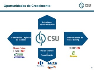 Oportunidades de Crescimento




                             Entrada em
                           Novos Mercados




    Crescimento Orgânico                    Oportunidades de
         do Mercado                         Cross Selling




                           Novos Clientes
                                  e
                            Terceirização




                                                               13
 