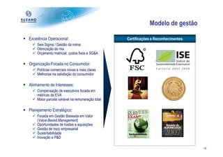 Modelo de gestão

Excelência Operacional:                           Certificações e Reconhecimentos
    Seis Sigma / Gestão da rotina
    Otimização do mix
    Orçamento matricial: custos fixos e SG&A

Organização Focada no Consumidor:
    Políticas comerciais novas e mais claras
    Melhorias na satisfação do consumidor

Alinhamento de Interesses:
    Compensação de executivos focada em
    métricas de EVA
    Maior parcela variável na remuneração total

Planejamento Estratégico:
    Focada em Gestão Baseada em Valor
    (Value-Based Management)
    Oportunidades de fusões e aquisições
    Gestão de risco empresarial
    Sustentabilidade
    Inovação e P&D

                                                                                    10
 