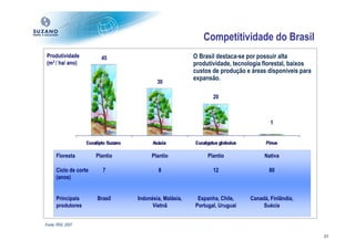 Competitividade do Brasil
 Produtividade           45                            O Brasil destaca-se por possuir alta
 (m3 / ha/ ano)                                        produtividade, tecnologia florestal, baixos
                                                       custos de produção e áreas disponíveis para
                                                       expansão.
                                         30

                                                              20



                                                                                   1




      Floresta         Plantio         Plantio              Plantio             Nativa

      Ciclo de corte     7               8                    12                  80
      (anos)


      Principais       Brasil    Indonésia, Malásia,    Espanha, Chile,    Canadá, Finlândia,
      produtores                       Vietnã          Portugal, Uruguai        Suécia


Fonte: RISI, 2007

                                                                                                     21
 