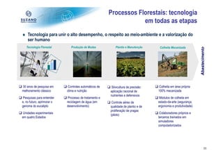 Processos Florestais: tecnologia
                                                                    em todas as etapas
♦ Tecnologia para unir o alto desempenho, o respeito ao meio-ambiente e a valorização do
  ser humano
   Tecnologia Florestal        Produção de Mudas            Plantio e Manutenção      Colheita Mecanizada




                                                                                                                  Abastecimento
30 anos de pesquisa em       Controles automáticos de    Silvicultura de precisão:    Colheita em área própria
melhoramento clássico       clima e nutrição            aplicação racional de        100% mecanizada
                                                        nutrientes e defensivos
 Pesquisas para entender     Processo de tratamento e                                 Módulos de colheita em
e, no futuro, aprimorar o   reciclagem de água (em       Controle aéreo de           estado-da-arte (segurança,
genoma do eucalipto         desenvolvimento)            qualidade de plantio e de    ergonomia e produtividade)
                                                        proliferação de pragas
 Unidades experimentais                                                               Colaboradores próprios e
                                                        (piloto)
em quatro Estados                                                                    terceiros treinados em
                                                                                     simuladores
                                                                                     computadorizados




                                                                                                                            23
 