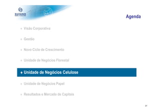 Agenda

♦ Visão Corporativa

♦ Gestão

♦ Novo Ciclo de Crescimento

♦ Unidade de Negócios Florestal


♦ Unidade de Negócios Celulose

♦ Unidade de Negócios Papel

♦ Resultados e Mercado de Capitais

                                              27
 