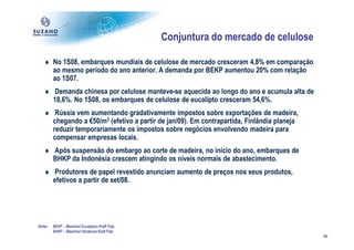 Conjuntura do mercado de celulose

   ♦ No 1S08, embarques mundiais de celulose de mercado cresceram 4,8% em comparação
     ao mesmo período do ano anterior. A demanda por BEKP aumentou 20% com relação
     ao 1S07.
   ♦ Demanda chinesa por celulose manteve-se aquecida ao longo do ano e acumula alta de
     18,6%. No 1S08, os embarques de celulose de eucalipto cresceram 54,6%.
   ♦ Rússia vem aumentando gradativamente impostos sobre exportações de madeira,
     chegando a €50/m3 (efetivo a partir de jan/09). Em contrapartida, Finlândia planeja
     reduzir temporariamente os impostos sobre negócios envolvendo madeira para
     compensar empresas locais.
   ♦ Após suspensão do embargo ao corte de madeira, no início do ano, embarques de
     BHKP da Indonésia crescem atingindo os níveis normais de abastecimento.
   ♦ Produtores de papel revestido anunciam aumento de preços nos seus produtos,
     efetivos a partir de set/08.




Notas:   BEKP – Bleached Eucalyptus Kraft Pulp.
         BHKP – Bleached Hardwood Kraft Pulp
                                                                                           36
 