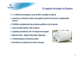 O negócio de papel na Suzano

♦ 1,1 milhão de toneladas, cerca de 60% vendidas no Brasil
♦ Liderança na América Latina nos papéis imprimir & escrever e papelcartão
  branco
♦ Portfólio complementar de produtos gráficos e de consumo
♦ Cerca de 400 clientes, 300 no Brasil
♦ 5 plantas produtivas com 10 máquinas de papel
♦ Marcas fortes: Report, Reciclato, Paperfect
♦ 2 distribuidoras na América Latina
♦ Escritórios na América do Norte e Europa




                                                                             38
 