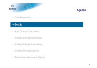 Agenda

♦ Visão Corporativa


♦ Gestão

♦ Novo Ciclo de Crescimento

♦ Unidade de Negócios Florestal

♦ Unidade de Negócios Celulose

♦ Unidade de Negócios Papel

♦ Resultados e Mercado de Capitais

                                              8
 