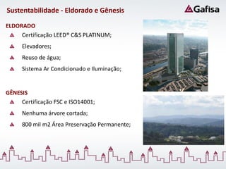 Sustentabilidade - Eldorado e Gênesis

ELDORADO
     Certificação LEED® C&S PLATINUM;
     Elevadores;
     Reuso de água;
     Sistema Ar Condicionado e Iluminação;


GÊNESIS
     Certificação FSC e ISO14001;
     Nenhuma árvore cortada;
     800 mil m2 Área Preservação Permanente;
 