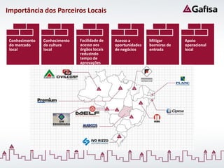 Importância dos Parceiros Locais


 Conhecimento   Conhecimento   Facilidade de   Acesso a        Mitigar        Apoio
 do mercado     da cultura     acesso aos      oportunidades   barreiras de   operacional
 local          local          órgãos locais   de negócios     entrada        local
                               reduzindo
                               tempo de
                               aprovações
 