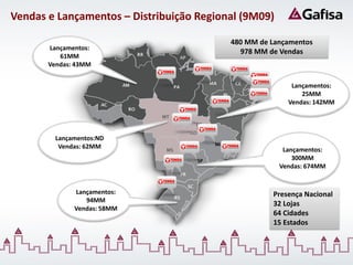 Vendas e Lançamentos – Distribuição Regional (9M09)

                                          480 MM de Lançamentos
       Lançamentos:
                                            978 MM de Vendas
          61MM
       Vendas: 43MM


                                                         Lançamentos:
                                                            25MM
                                                        Vendas: 142MM




         Lançamentos:ND
          Vendas: 62MM                                 Lançamentos:
                                                          300MM
                                                      Vendas: 674MM


              Lançamentos:                          Presença Nacional
                 94MM
                                                    32 Lojas
              Vendas: 58MM
                                                    64 Cidades
                                                    15 Estados
 