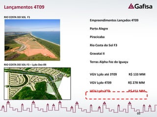 Lançamentos 4T09
RIO COSTA DO SOL F1
                                    Empreendimentos Lançados 4T09

                                    Porto Alegre

                                    Piracicaba

                                    Rio Costa do Sol F3

                                    Gravataí II

                                    Terras Alpha Foz do Iguaçu
RIO COSTA DO SOL F3 – Lçdo Dez-09


                                    VGV Lçdo até 3T09            R$ 133 MM

                                    VGV Lçdo 4T09            R$ 278 MM

                                    VGV Lçdo YTD                 R$ 411 MM




                                                                     66
 