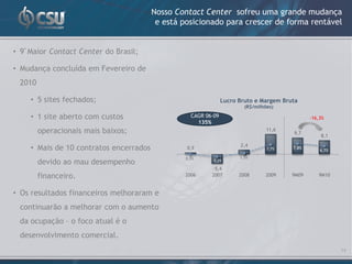 Nosso Contact Center sofreu uma grande mudança
                                          e está posicionado para crescer de forma rentável


• 9º Maior Contact Center do Brasil;

• Mudança concluída em Fevereiro de
 2010

     • 5 sites fechados;                                         Lucro Bruto e Margem Bruta
                                                                         (R$/milhões)

     • 1 site aberto com custos                     CAGR 06-09                                  -16,3%
                                                      135%
        operacionais mais baixos;                                                 11,6
                                                                                         9,7
                                                                                                    8,1
                                                                       2,4
     • Mais de 10 contratos encerrados            0,9                             7,7%   7,8%
                                                                                                    6,7%
                                                  0,5%                 1,5%
        devido ao mau desempenho                           -3,2%

                                                           -5,4
        financeiro.                              2006      2007        2008      2009    9M09      9M10


• Os resultados financeiros melhoraram e
 continuarão a melhorar com o aumento
 da ocupação – o foco atual é o
 desenvolvimento comercial.
                                                                                                           14
 