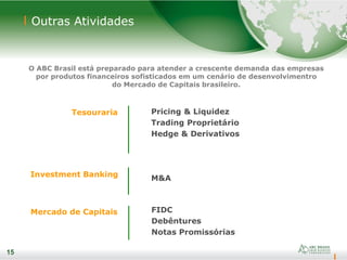 15
Outras Atividades
15
O ABC Brasil está preparado para atender a crescente demanda das empresas
por produtos financeiros sofisticados em um cenário de desenvolvimentro
do Mercado de Capitais brasileiro.
Tesouraria
Investment Banking
Pricing & Liquidez
Trading Proprietário
Hedge & Derivativos
M&A
FIDC
Debêntures
Notas Promissórias
Mercado de Capitais
 