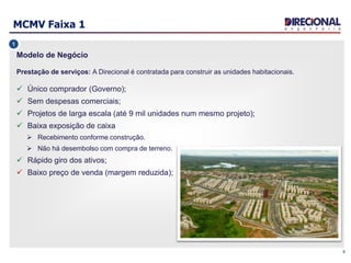 MCMV Faixa 1
6
Modelo de Negócio
Prestação de serviços: A Direcional é contratada para construir as unidades habitacionais.
 Único comprador (Governo);
 Sem despesas comerciais;
 Projetos de larga escala (até 9 mil unidades num mesmo projeto);
 Baixa exposição de caixa
 Recebimento conforme construção.
 Não há desembolso com compra de terreno.
 Rápido giro dos ativos;
 Baixo preço de venda (margem reduzida);
1
 