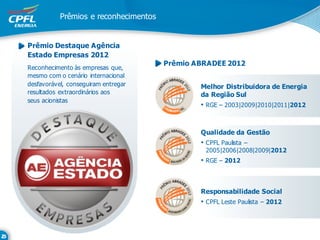 Prêmios e reconhecimentos


Prêmio Destaque Agência
Estado Empresas 2012
                                       Prêmio ABRADEE 2012
Reconhecimento às empresas que,
mesmo com o cenário internacional
desfavorável, conseguiram entregar             Melhor Distribuidora de Energia
resultados extraordinários aos                 da Região Sul
seus acionistas
                                               • RGE – 2003|2009|2010|2011|2012


                                               Qualidade da Gestão
                                               • CPFL Paulista –
                                                2005|2006|2008|2009|2012
                                               • RGE – 2012



                                               Responsabilidade Social
                                               • CPFL Leste Paulista – 2012
 