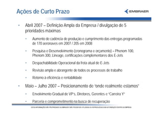 Ações de Curto Prazo

•   Abril 2007 – Definição Ampla da Empresa / divulgação de 5
    prioridades máximas
    •   Aumento de cadência de produção e cumprimento das entregas programadas
        de 170 aeronaves em 2007 / 205 em 2008
    •   Pesquisa e Desenvolvimento (cronograma e orçamento) – Phenom 100,
        Phenom 300, Lineage, certificações complementares dos E-Jets
    •   Despachabilidade Operacional da frota atual de E-Jets
    •   Revisão ampla e abrangente de todos os processos de trabalho
    •   Retorno à eficiência e rentabilidade

•   Maio – Julho 2007 – Posicionamento de “onde realmente estamos”
    •   Envolvimento Gradual de VP’s, Diretores, Gerentes e “Carreira Y”
    •   Parceria e comprometimento na busca de recuperação
 
