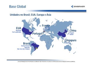 Base Global

Unidades no Brasil, EUA, Europa e Ásia



                                            França
        EUA                                     Villepinte
                                               Le Bourget
         Nashville
  Fort Lauderdale
                                                                    China
                                 Portugal                           Pequim
                                                                    Harbin
                                     Alverca


                                                             Cingapura
                     Brasil                                  Cingapura

                Gavião Peixoto
                      Botucatu
          São José dos Campos
 