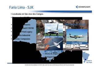 Faria Lima - SJK
 § Localizada em São José dos Campos
 § Empregados: 14,400


 § Design de Aeronaves                                               Montagem Final
 § Montagem Final E170/190
 § Montagem Final Legacy          GPX

 § Maquinário Industrial
                                       Família EMBRAER 170/190
 § Materiais Compostos
                                                                         EGM
                                                                          Lineage 1000
                                   BOT                      SJK

                                               São               i
                                              600 / ERJ14556m
                                      Legacy Paulo
                                   § Oficina de chapas metálicas
                                   § Montagem Estrutural E170/190
                                   § Suporte pós-venda
                                                                              BRASIL     Estado de
                                                                                         São Paulo
 