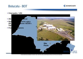 Botucatu - BOT

§ Empregados: 1,850


§ Oficina de chapas de metal
§ Montagem estrutural do Legacy
  600, E170/190, Phenom 100/300 e
  Super Tucano
                                    GPX
§ Produção do Ipanema



                                            194 m          EGM
                                                 i
                                    BOT              SJK


                                          São
                                          Paulo


                                                             BRASIL   Estado de
                                                                      São Paulo
 