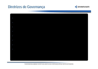 Diretrizes de Governança

  • 100% das ações em free float, em classe única e com 100% de Tag-Along
  • Certificação Sarbanes-Oxley
  • Política de negociação de Valores Mobiliários
  • Política de Dividendos
  • Conselho de Administração com Membros Independentes
  • Conselho Fiscal / Comitê de Auditoria
  • Política de Divulgação e Publicação de Acontecimentos
  • Publicação Periódica de Demonstrações Financeiras em Legislação Societária
    e US GAAP
 