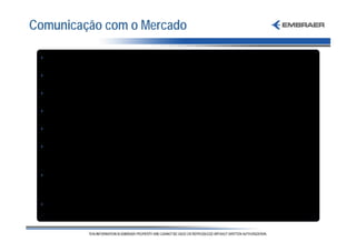 Comunicação com o Mercado

 • Publicação de Resultados Trimestrais (LS e US GAAP)
 • Teleconferência de Divulgação de Resultados
 • Publicação Trimestral de Entregas de Aeronaves
 • APIMEC’s Trimestrais
 • Embraer Day
 • Dois Encontros com Analistas e Investidores no Exterior por ano nos
   Estados Unidos e um na Europa
 • Participações em Conferências de Bancos, Non-Deal Roadshows e
   Reuniões com Analistas e Investidores na sede da Empresa
 • Portal de Relações com Investidores
 