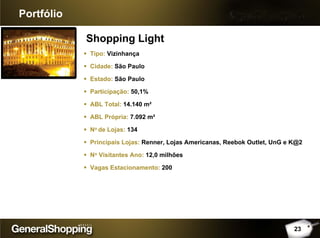 Shopping Light
Portfólio
Tipo: Vizinhança
Cidade: São Paulo
Estado: São Paulo
Participação: 50,1%
ABL Total: 14.140 m²
ABL Própria: 7.092 m²
No de Lojas: 134
Principais Lojas: Renner, Lojas Americanas, Reebok Outlet, UnG e K@2
No Visitantes Ano: 12,0 milhões
Vagas Estacionamento: 200
23
 