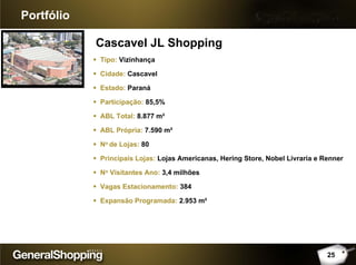 Cascavel JL Shopping
Portfólio
Tipo: Vizinhança
Cidade: Cascavel
Estado: Paraná
Participação: 85,5%
ABL Total: 8.877 m²
ABL Própria: 7.590 m²
No de Lojas: 80
Principais Lojas: Lojas Americanas, Hering Store, Nobel Livraria e Renner
No Visitantes Ano: 3,4 milhões
Vagas Estacionamento: 384
Expansão Programada: 2.953 m²
25
 