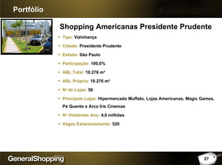 Shopping Americanas Presidente Prudente
Portfólio
Tipo: Vizinhança
Cidade: Presidente Prudente
Estado: São Paulo
Participação: 100,0%
ABL Total: 10.276 m²
ABL Própria: 10.276 m²
No de Lojas: 56
Principais Lojas: Hipermercado Muffato, Lojas Americanas, Magic Games,
Pé Quente e Arco Íris Cinemas
No Visitantes Ano: 4,0 milhões
Vagas Estacionamento: 520
27
 