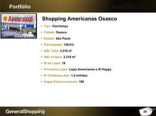 Portfólio
Shopping Americanas Osasco
Tipo: Vizinhança
Cidade: Osasco
Estado: São Paulo
Participação: 100,0%
ABL Total: 3.218 m²
ABL Própria: 3.218 m²
No de Lojas: 19
Principais Lojas: Lojas Americanas e Ri Happy
No Visitantes Ano: 1,5 milhões
Vagas Estacionamento: 160
28
 