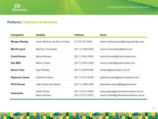 Profarma | Cobertura de Analistas



  Companhia        Analista                          Telefone            Email

  Morgan Stanley   Javier Martinez de Olcoz Cerdan   (1 212) 761-4542    javier.martinez.olcoz@morganstanley.com


  Merrill Lynch    Mauricio Fernandes                (55 11) 2188-4236   mauricio.fernandes@baml.com


  Credit Suisse    Marcel Moraes                     (55 11) 3841-6302   marcel.moraes@credit-suisse.com

  Itaú BBA         Marcio Osako                      (55 11) 3073-3040   marcio.osako@itausecurities.com

  Banco Fator      Iago Whately                      (55 11) 3049-9480   iwhately@bancofator.com.br


  Raymond James    Guilherme Assis                   (55 11) 3513-8706   guilherme.assis@raymondjames.com

  BTG Pactual      João Carlos dos Santos            (55 11) 3383-2384   joaocarlos.santos@btgpactual.com


                   Andre Parize                      (55 11) 5171-5870   andre.parize@votorantimcorretora.com.br
  Votorantim
                   Marco Richieri                    (55 11) 5171-5873   marco.richieri@votorantimcorretora.com.br




                                                                                                                     27
 
