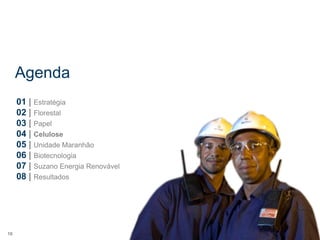 Agenda
     01 | Estratégia
     02 | Florestal
     03 | Papel
     04 | Celulose
     05 | Unidade Maranhão
     06 | Biotecnologia
     07 | Suzano Energia Renovável
     08 | Resultados




18
 