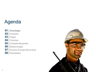 Agenda
    01 | Estratégia
    02 | Florestal
    03 | Papel
    04 | Celulose
    05 | Unidade Maranhão
    06 | Biotecnologia
    07 | Suzano Energia Renovável
    08 | Resultados




2
 