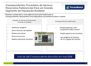 Correspondentes: Provedores de Serviços
Financeiros Preferenciais Para um Grande
Segmento da População Brasileira
Quando comparado a uma agência bancária tradicional os
correspondentes representam uma inigualável conveniência para o cliente

        Modelo de Serviços Financeiros
                                                          Correspondentes Motivados
             Focada no Cliente


  •    Ambiente amigável                                   •    Compensação do nível
                                                                competitivo100% variável
  •    Horas flexíveis de trabalho
  •    Brokers pró-ativos                                  •     Amplo espectro de convênios
  •    Pouca burocracia
                                                           •     Uso amigável do Sistema
  •    Modelo altamente escalável                                de TI e equipe de Suporte




              Total de 568 Correspondentes Bancários em Mar/2008


                                                                                               15
 