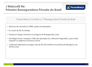 J Malucelli Re:
Primeira Resseguradora Privada do Brasil


            Paraná Banco Constitui a 1ª Resseguradora Privada do Brasil


 • Abertura do mercado em 2008, quebra do Monopólio

 • PL inicial de R$ 70 milhões

 • Focada em Seguro Garantia na categoria de Ressegurador Local

 • Estratégia Inicial: ressegurar 100% das operações da J Malucelli Seguradora, para então
   expandir os negócios na America Latina

 • J Malucelli Seguradora já pagou mais de R$ 470 milhões em prêmios de Resseguros nos
   últimos anos




                                                                                             29
 