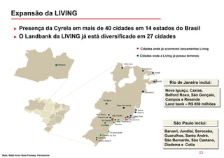 Expansão da LIVING

                Presença da Cyrela em mais de 40 cidades em 14 estados do Brasil
                O Landbank da LIVING já está diversificado em 27 cidades

                                                              Cidades onde já ocorreram lançamentos Living

                                                              Cidades onde a Living já possui terrenos




                                                                                  Rio de Janeiro inclui:
                                                                                  Rio de Janeiro inclui:
                                                                               Nova Iguaçu, Caxias,
                                                                               Nova Iguaçu, Caxias,
                                                                               Belford Roxo, São Gonçalo,
                                                                               Belford Roxo, São Gonçalo,
                                                                               Campos e Resende
                                                                               Campos e Resende
                                                                               Land bank – R$ 850 milhões
                                                                               Land bank – R$ 850 milhões


                                                        Cabo-Frio


                                                                                    São Paulo inclui:
                                                                                    São Paulo inclui:
                                                                              Barueri, Jundiaí, Sorocaba,
                                                                              Barueri, Jundiaí, Sorocaba,
                                                                              Guarulhos, Santo André,
                                                                              Guarulhos, Santo André,
                                                                              São Bernardo, São Caetano,
                                                                              São Bernardo, São Caetano,
                                                                              Diadema e Cotia
                                                                              Diadema e Cotia
                                                                                                         23
Nota: Natal Inclui Nizia Floresta, Parnamirim
 
