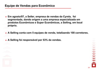 Equipe de Vendas para Econômico


 Em agosto/07, a Seller, empresa de vendas da Cyrela, foi
 segmentada, dando origem a uma empresa especializada em
 produtos Econômicos e Super Econômicos, a Selling, em local
 próprio.

 A Selling conta com 5 equipes de venda, totalizando 100 corretores.

 A Selling foi responsável por 53% da vendas.




                                                                   29
 