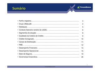 Sumário


  • Perfil e trajetória........................................................................................................      3
  • Grupo JMalucelli.. ....................................................................................................          4
  • Destaques.. ..............................................................................................................       5
  • Contexto Setorial e cenário de crédito... ..................................................................                     6
  • Segmentos de atuação. ...........................................................................................                8
  • Qualidade da Carteira de Crédito... .........................................................................                    9
  • Crédito Consignado... ..............................................................................................             10
  • Canais de Distribuição... ..........................................................................................             11
  • PME... .......................................................................................................................   12
  • Desempenho Financeiro.. .........................................................................................                13
  • Desempenho Operacional... .....................................................................................                  15
  • Setor de Seguros... ...................................................................................................          19
  • Governança Corporativa... ........................................................................................               26



                                                                                                                                          2
 