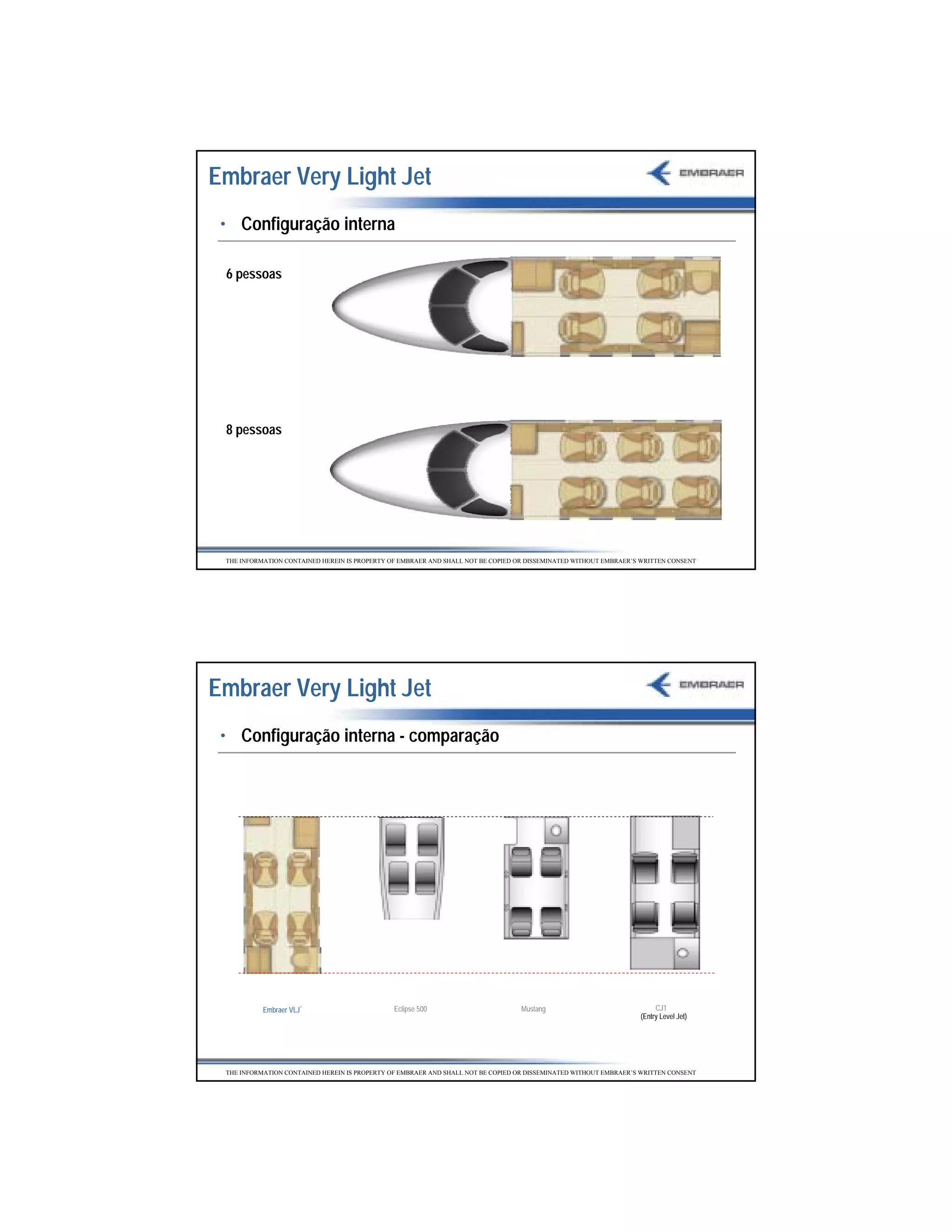 Embraer Very Light Jet
 • Configuração interna

 6 pessoas




 8 pessoas




 THE INFORMATION CONTAINED HEREIN IS PROPERTY OF EMBRAER AND SHALL NOT BE COPIED OR DISSEMINATED WITHOUT EMBRAER’S WRITTEN CONSENTPreliminary   data




Embraer Very Light Jet
 • Configuração interna - comparação




           Embraer VLJ*                        Eclipse 500                        Mustang                               CJ1
                                                                                                                   (Entry Level Jet)




 THE INFORMATION CONTAINED HEREIN IS PROPERTY OF EMBRAER AND SHALL NOT BE COPIED OR DISSEMINATED WITHOUT EMBRAER’S WRITTEN CONSENT




                                                                                                                                                       28
 