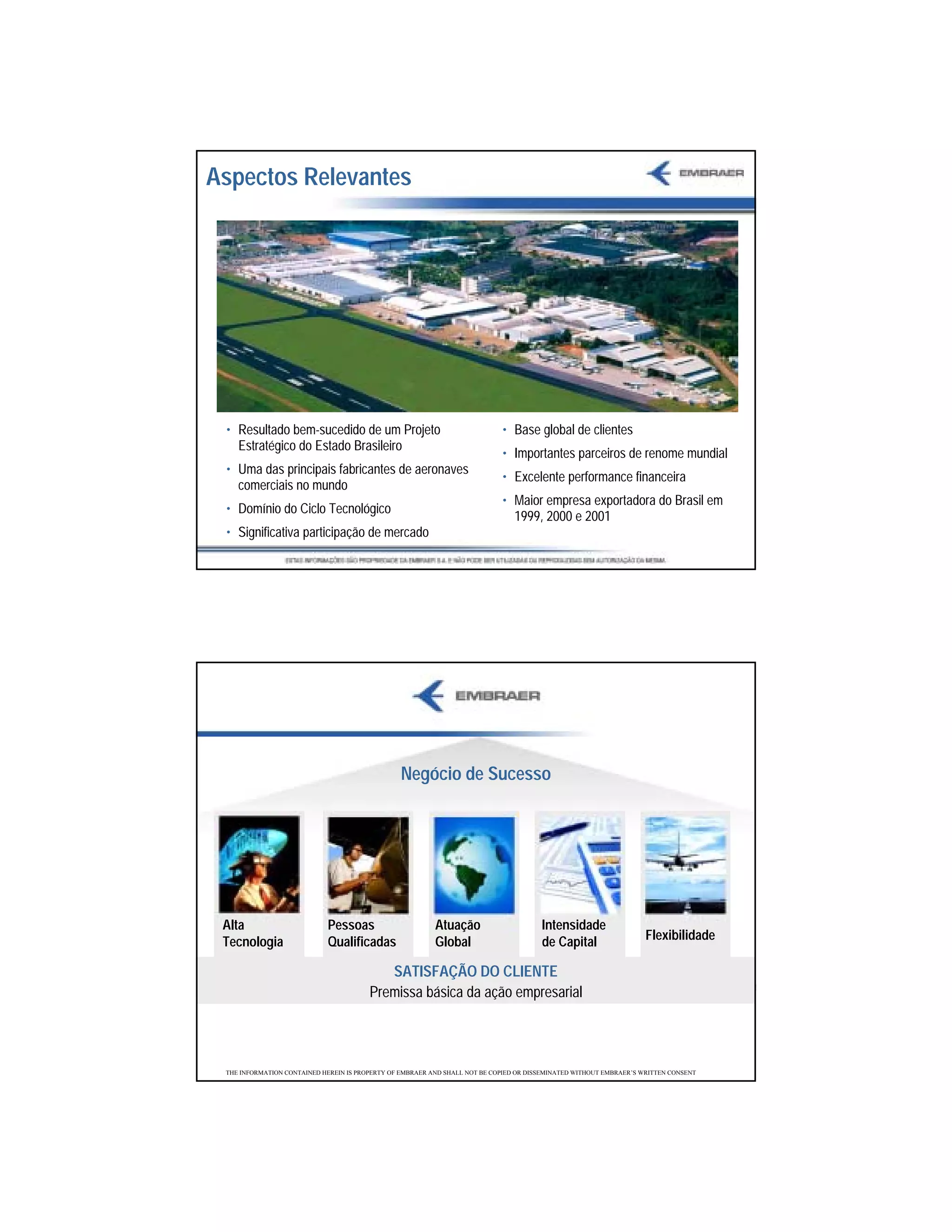 Aspectos Relevantes




 • Resultado bem-sucedido de um Projeto                                     • Base global de clientes
   Estratégico do Estado Brasileiro
                                                                            • Importantes parceiros de renome mundial
 • Uma das principais fabricantes de aeronaves
                                                                            • Excelente performance financeira
   comerciais no mundo
                                                                            • Maior empresa exportadora do Brasil em
 • Domínio do Ciclo Tecnológico
                                                                              1999, 2000 e 2001
 • Significativa participação de mercado




                                                 Negócio de Sucesso




 Alta                       Pessoas                       Atuação                      Intensidade
 Tecnologia                 Qualificadas                  Global                       de Capital                   Flexibilidade

                                           SATISFAÇÃO DO CLIENTE
                                        Premissa básica da ação empresarial



 THE INFORMATION CONTAINED HEREIN IS PROPERTY OF EMBRAER AND SHALL NOT BE COPIED OR DISSEMINATED WITHOUT EMBRAER’S WRITTEN CONSENT




                                                                                                                                     2
 