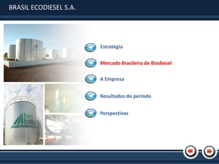 BRASIL ECODIESEL S.A.




                        Estratégia

                        Mercado Brasileiro de Biodiesel

                        A Empresa


                        Resultados do período


                        Perspectivas
 