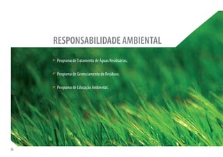 RESPONSABILIDADE AMBIENTAL
     Programa de Tratamento de Águas Residuárias;

     Programa de Gerenciamento de Resíduos;

     Programa de Educação Ambiental.




38
 
