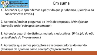 1. Aprender que aprendemos a partir do que já sabemos. (Princípio do
conhecimento prévio.)
2. Aprender/ensinar perguntas ao invés de respostas. (Princípio da
interação social e do questionamento.)
3. Aprender a partir de distintos materiais educativos. (Princípio da não
centralidade do livro de texto.)
4. Aprender que somos perceptores e representadores do mundo.
(Princípio do aprendiz como perceptor/representador.)
Em suma
 