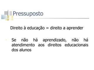 Pressuposto Direito à educação = direito a aprender Se não há aprendizado, não há atendimento aos direitos educacionais dos alunos 