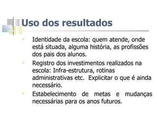 Uso dos resultados Identidade da escola: quem atende, onde está situada, alguma história, as profissões dos pais dos alunos. Registro dos investimentos realizados na escola: Infra-estrutura, rotinas administrativas etc.  Explicitar o que é ainda necessário.  Estabelecimento de metas e mudanças necessárias para os anos futuros.  