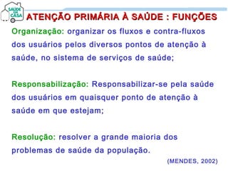 ATENÇÃO PRIMÁRIA À SAÚDE : FUNÇÕESATENÇÃO PRIMÁRIA À SAÚDE : FUNÇÕES
Organização: organizar os fluxos e contra-fluxos
dos usuários pelos diversos pontos de atenção à
saúde, no sistema de serviços de saúde;
Responsabilização: Responsabilizar-se pela saúde
dos usuários em quaisquer ponto de atenção à
saúde em que estejam;
Resolução: resolver a grande maioria dos
problemas de saúde da população.
(MENDES, 2002)
 