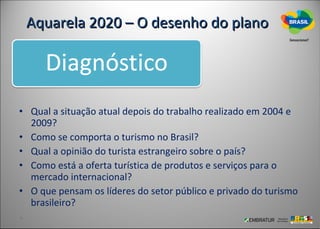 Aquarela 2020 – O desenho do plano




• Qual a situação atual depois do trabalho realizado em 2004 e
  2009?
• Como se comporta o turismo no Brasil?
• Qual a opinião do turista estrangeiro sobre o país?
• Como está a oferta turística de produtos e serviços para o
  mercado internacional?
• O que pensam os líderes do setor público e privado do turismo
  brasileiro?
 