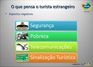 O que pensa o turista estrangeiro
• Aspectos negativos:
 