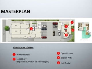 MASTERPLAN 
1 
2 
3 
4 
5 
PAVIMENTO TÉRREO: 
1 
2 
3 
4 
Brinquedoteca 
Espaço Joy 
(Espaço Gourmet + Salão de Jogos) 
Open Fitness 
Espaço Kids 
5 Hall Social 
 